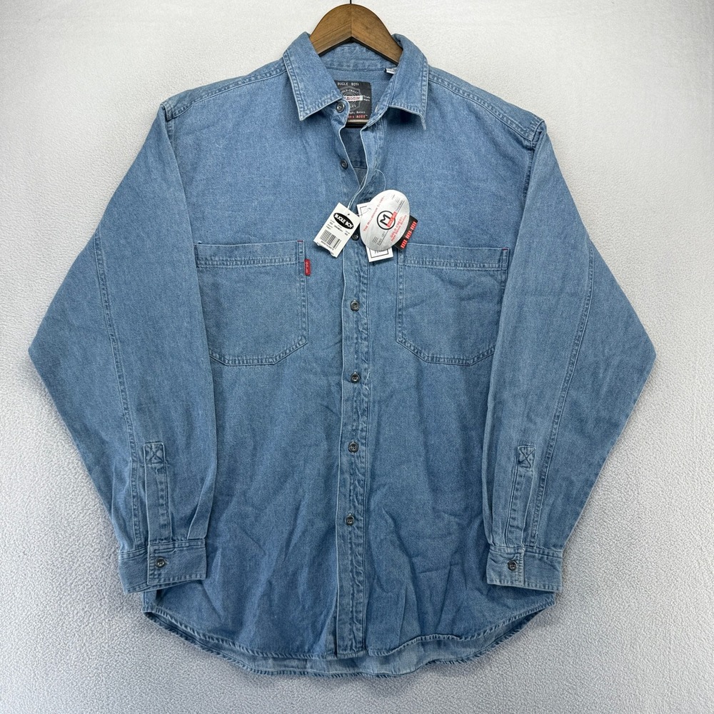 Vintage Bugle Boy Denim Shirt Mens Medium Blue Work Heavyweight Metal Button NEW